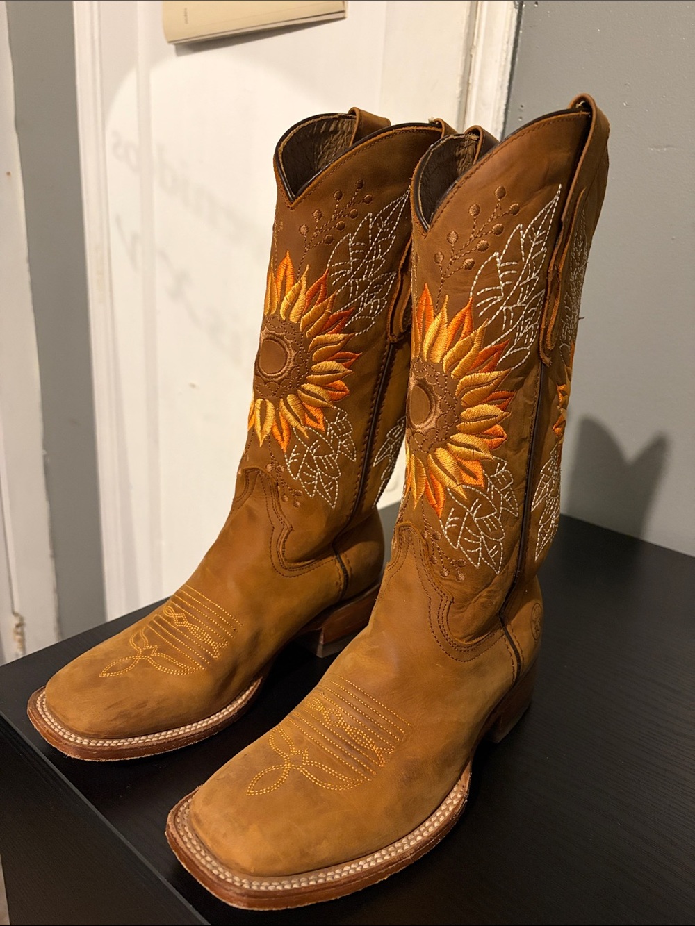 Women’s Brown Sunflower Embroidered Leather Cowboy Boots